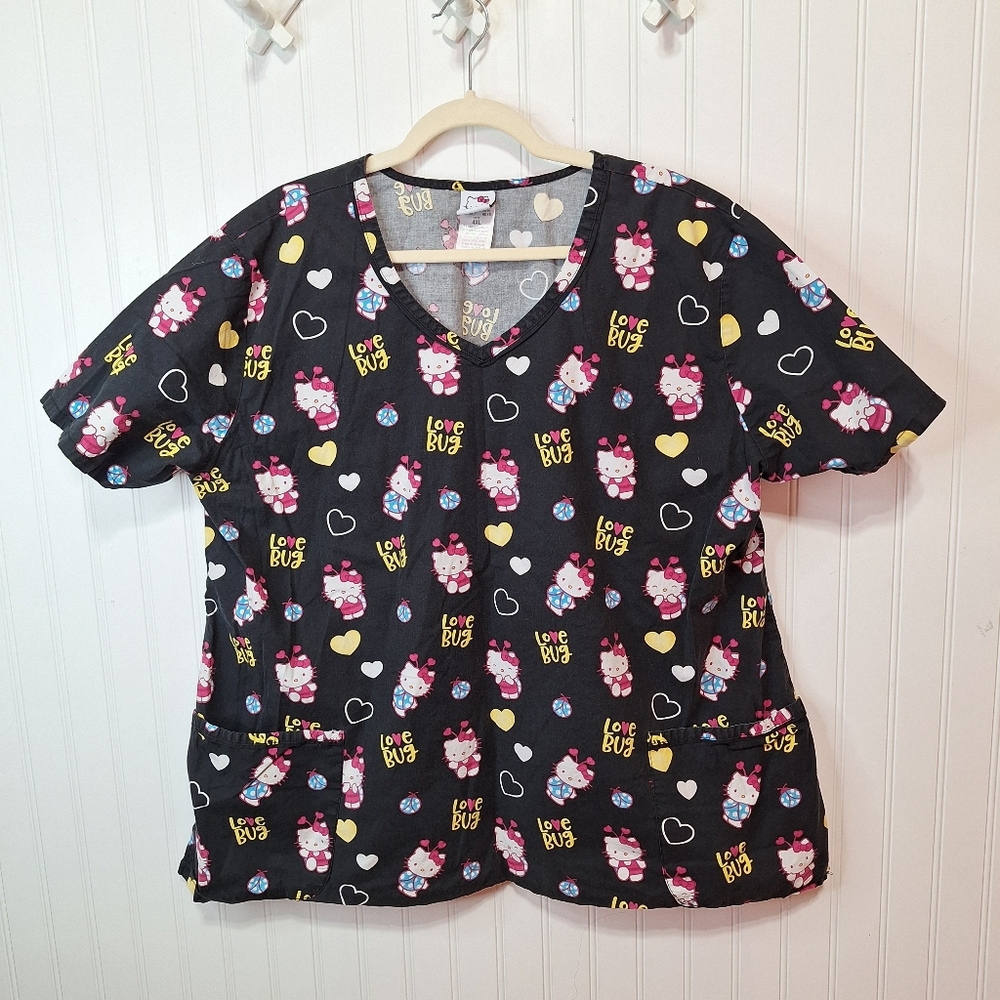 Hello Kitty by Sanrio Ladybug Scrub Top Love Bug Graphic Black Pockets Size 4XL